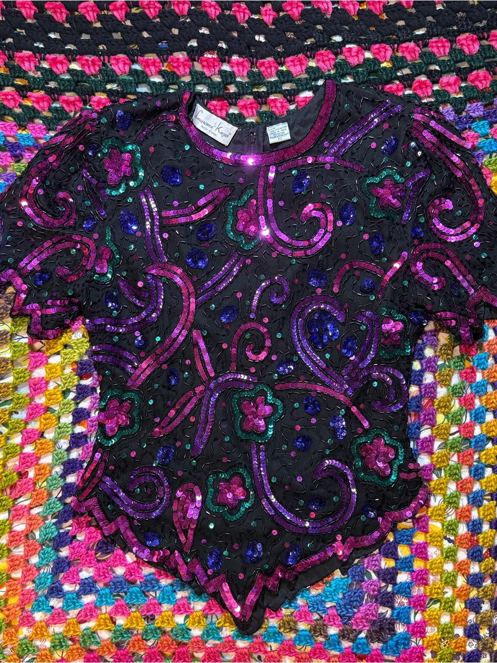Vintage Laurence Kazar Black Sequined Party Top with colorful Accents